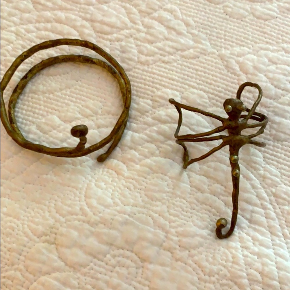 Hand made brass metal bracelets- dragonfly & snake